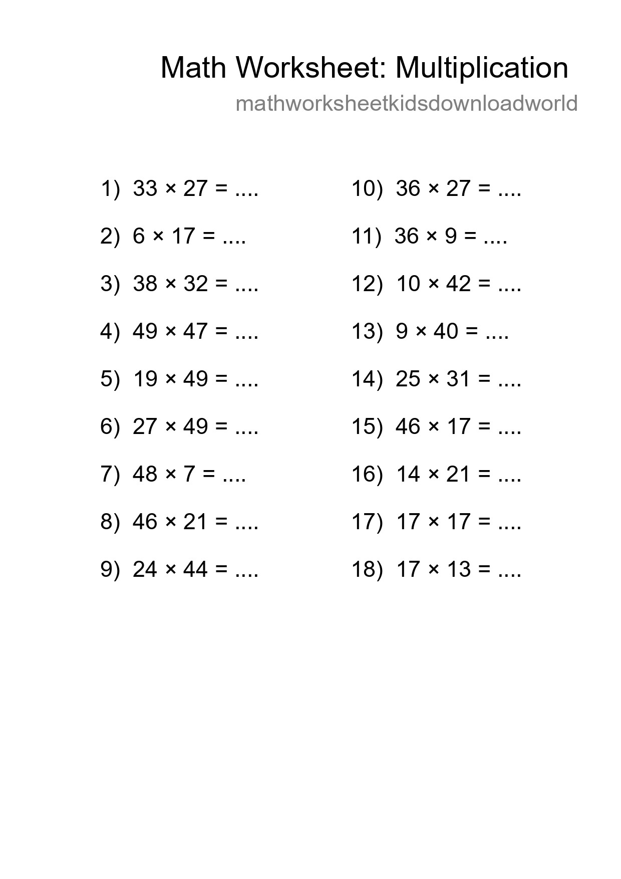 Printable Free 18 Multiplication Math Worksheet For Grade 2 - Part 62
