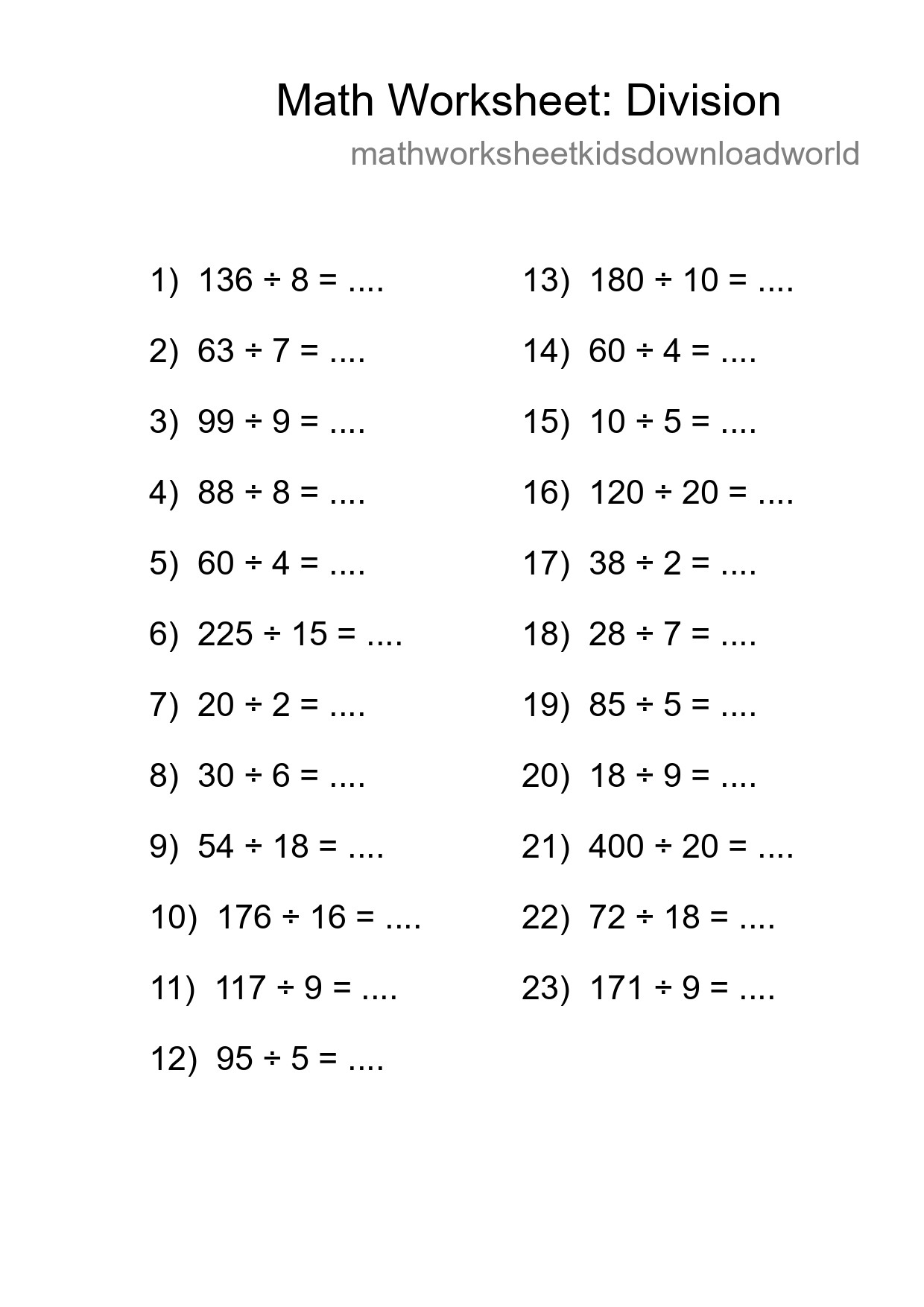 Printable Free 23 Division Math Worksheet For Grade 2 - Part 224