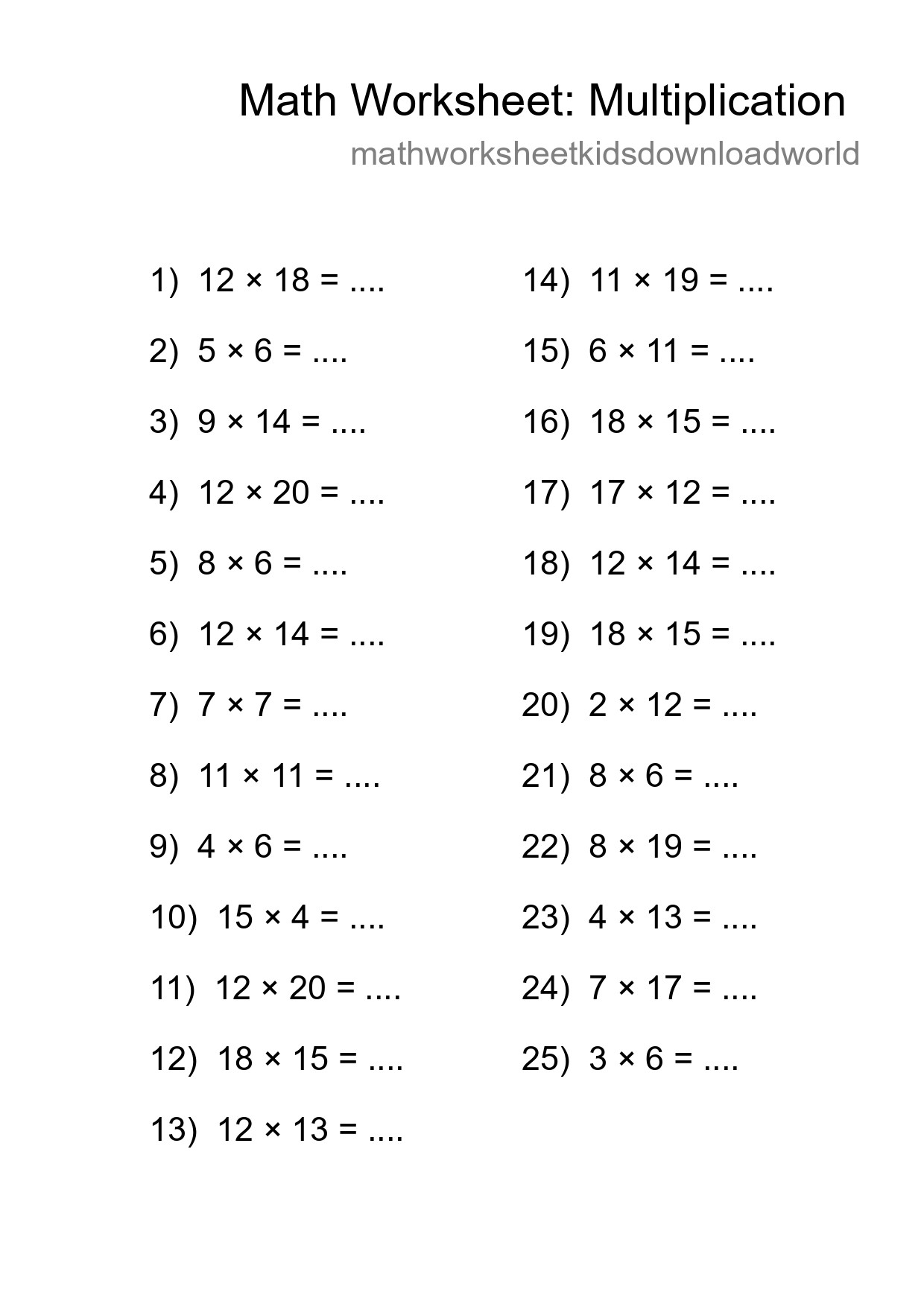 Printable Free 25 Multiplication Math Worksheet For Grade 2 - Part 128